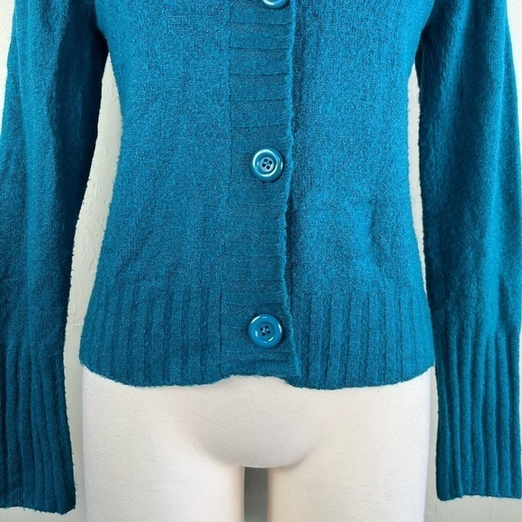Vintage Teal Turquoise Wool Blend Button Down V neck Long Sleeve Cardigan - Picture 7 of 15